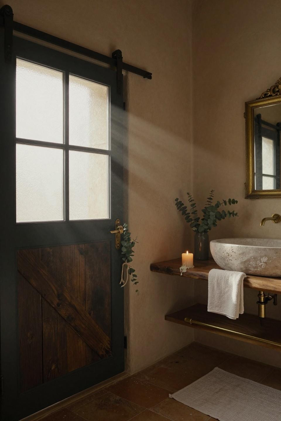 moody barn door bathroom with deep charcoal painted sliding door and aged brass hardware in tuscan farmhouse