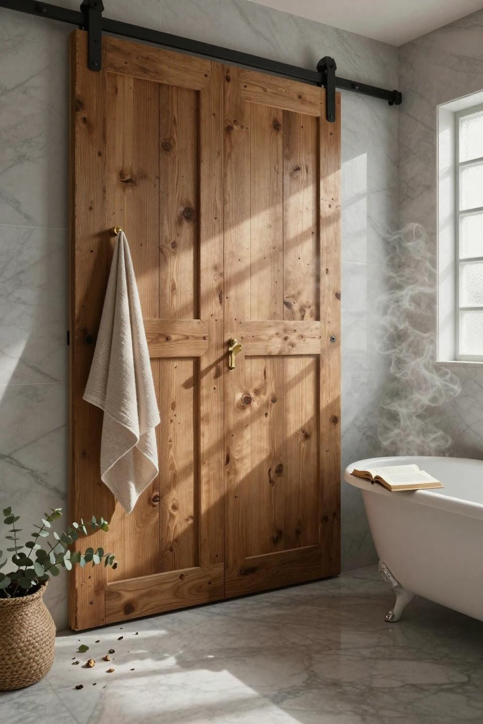 reclaimed barn door in weathered honey-oak planks with blackened steel hardware against honed carrara marble walls