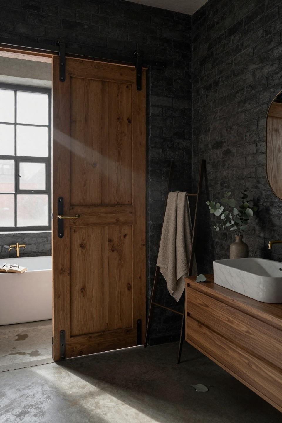 moody scandinavian bathroom with massive reclaimed oak barn door sliding across rough-hewn charcoal brick wall