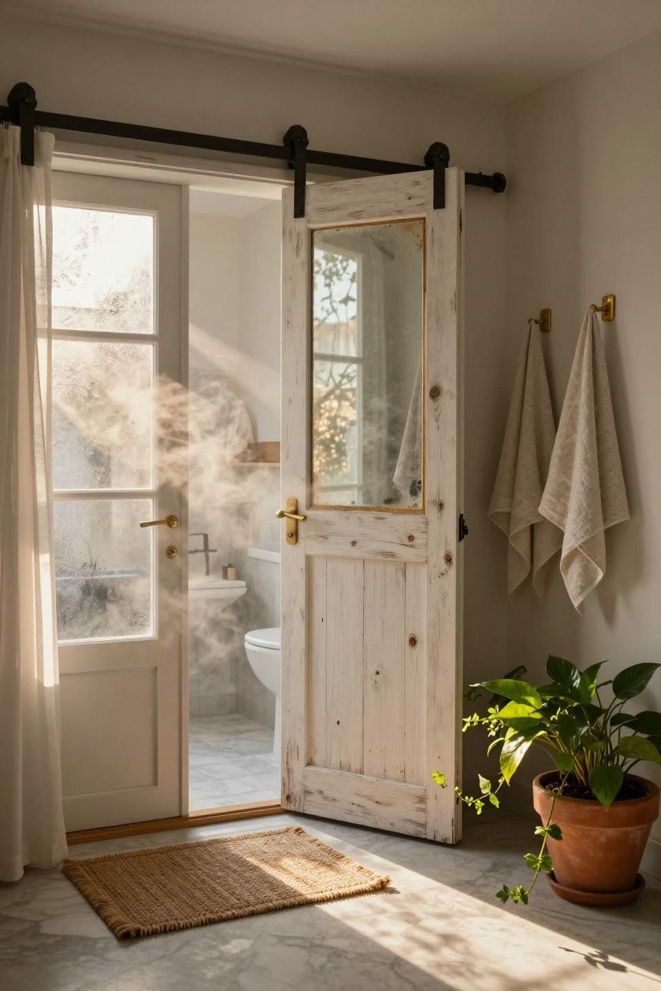 scandinavian sliding barn door in white oak with antiqued mirror panel and unlacquered brass hardware