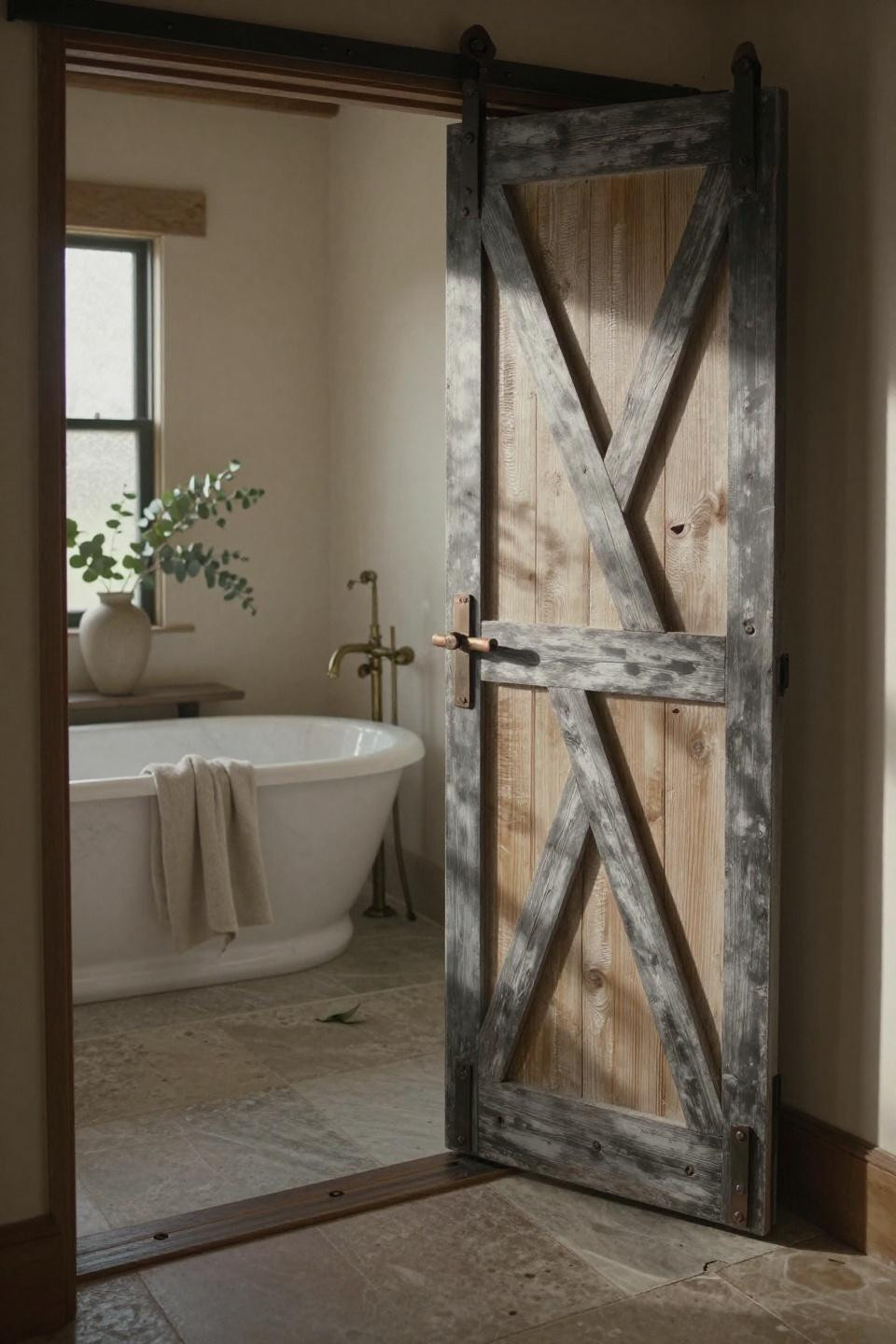 reclaimed barn door with frosted glass panels and x-brace design in silvered oak with bronze hardware