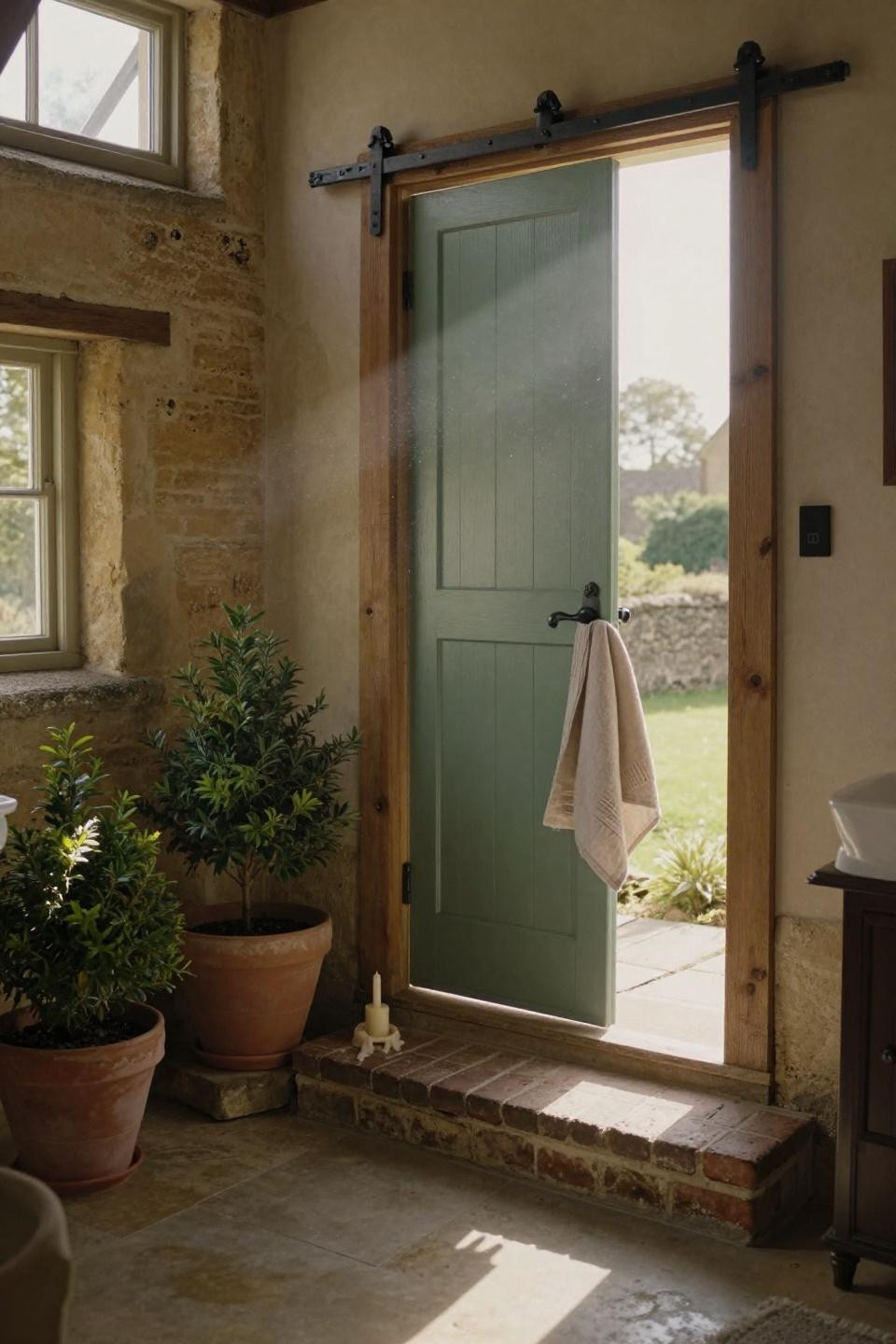 european farmhouse bathroom entrance with sage green painted barn door and blackened iron hardware in cotswolds cottage