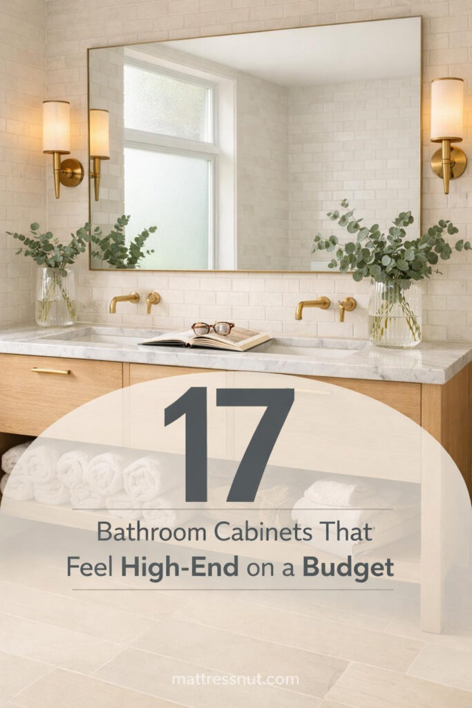 White shaker-style bathroom vanity cabinet with brass hardware, marble countertop, and open shelving displaying towels