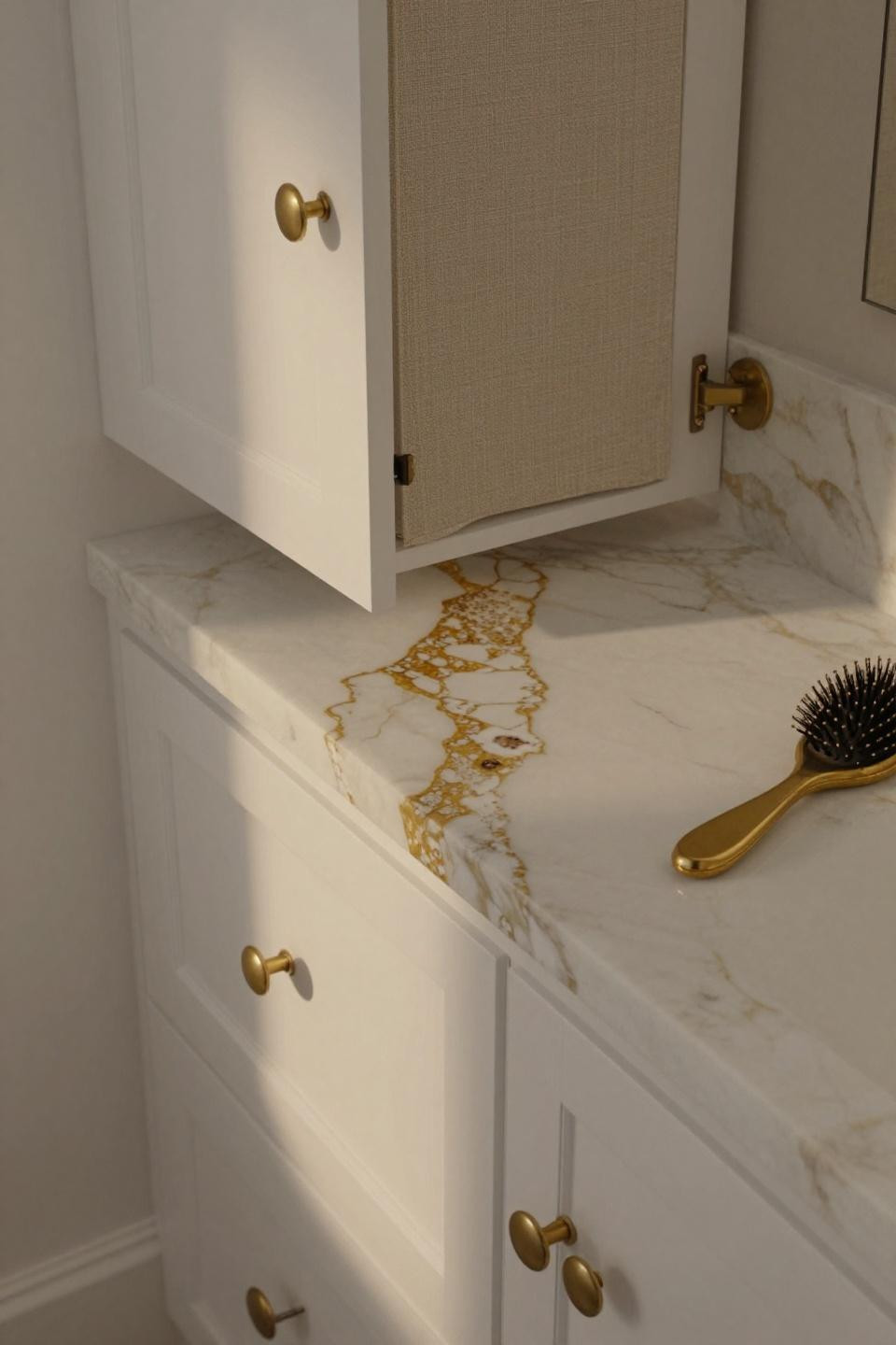 bathroom cabinets with white wainscoting panels unlacquered brass pulls and calacatta gold marble countertop