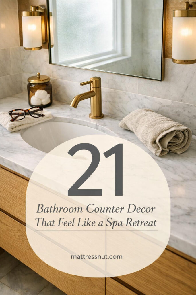 Elegant bathroom counter with marble surface, folded white towels, glass soap dispenser, greenery in ceramic pot, and candles
