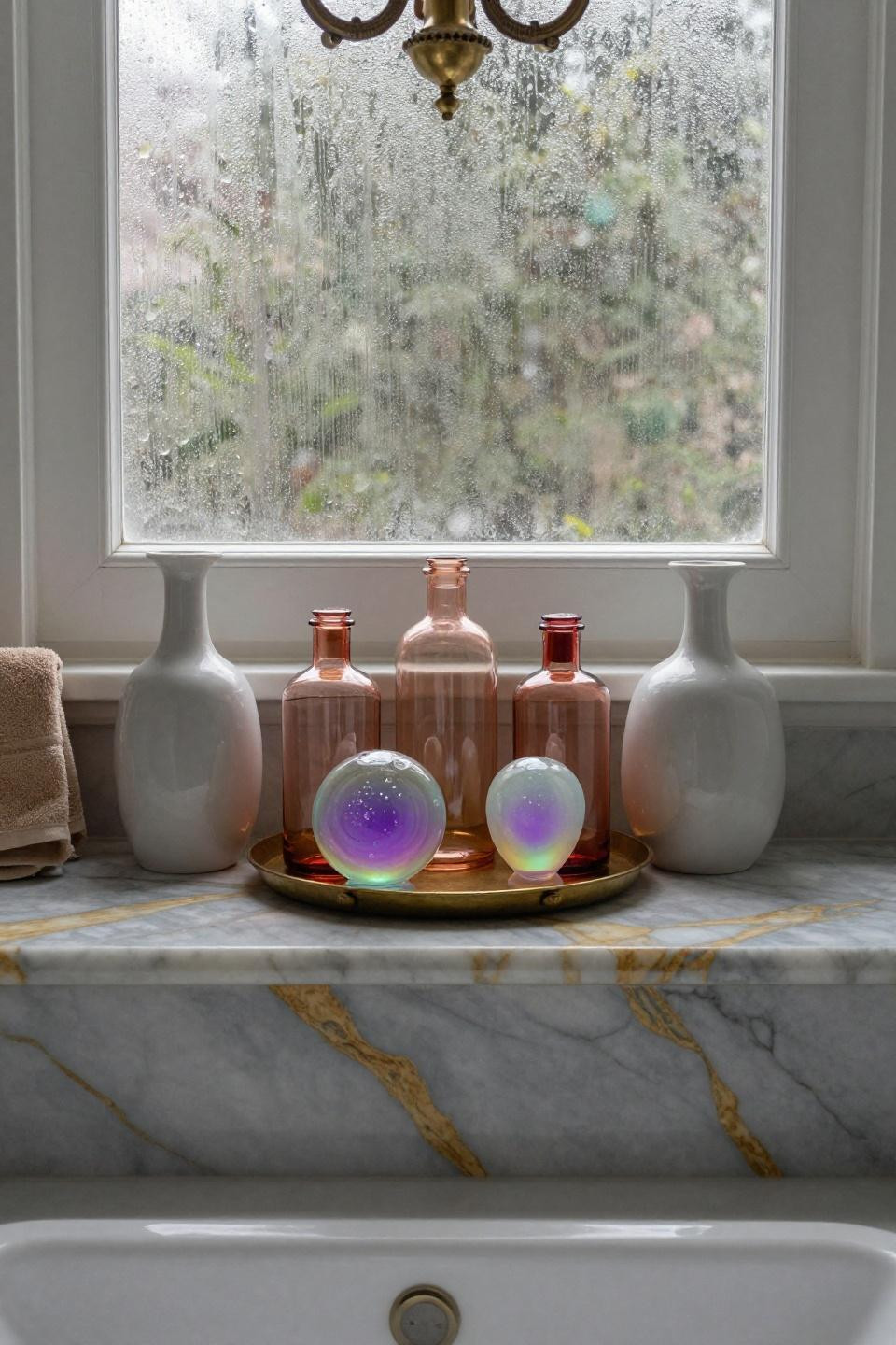 symmetrical bathroom counter with rose-tinted glass bottles brass tray and handcrafted murano glass soap on calacatta marble