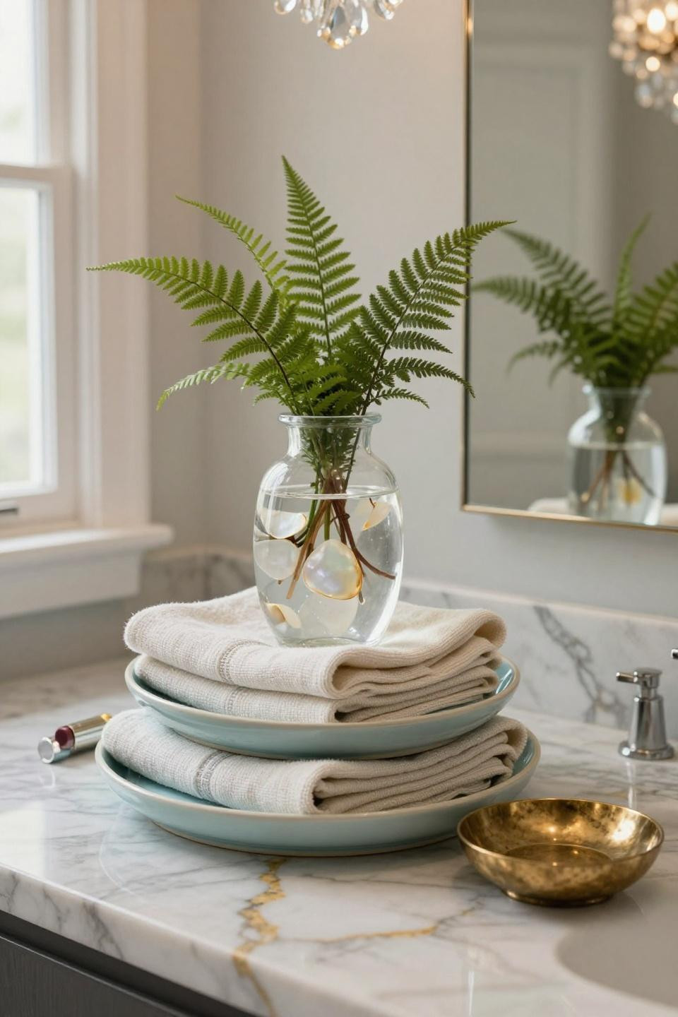 three overlapping ceramic trays in glacier-blue and cream with folded linen and hand-blown resin vessel on calacatta marble