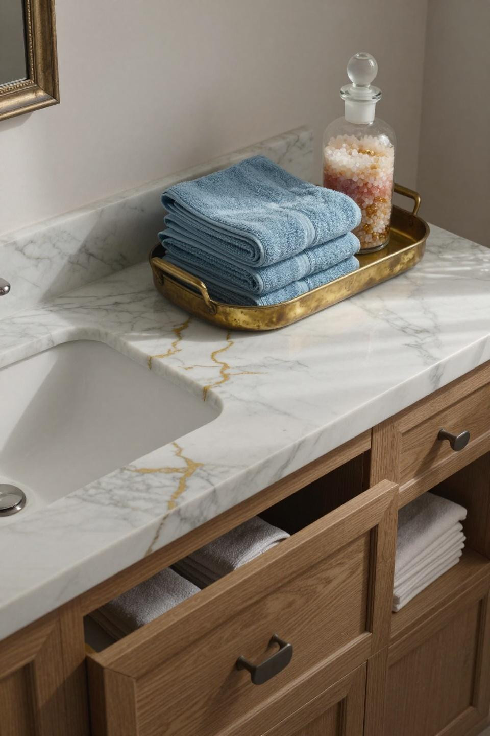 aged brass tray on calacatta marble with glacier-blue linen towels vintage apothecary bottle and layered dead sea salts