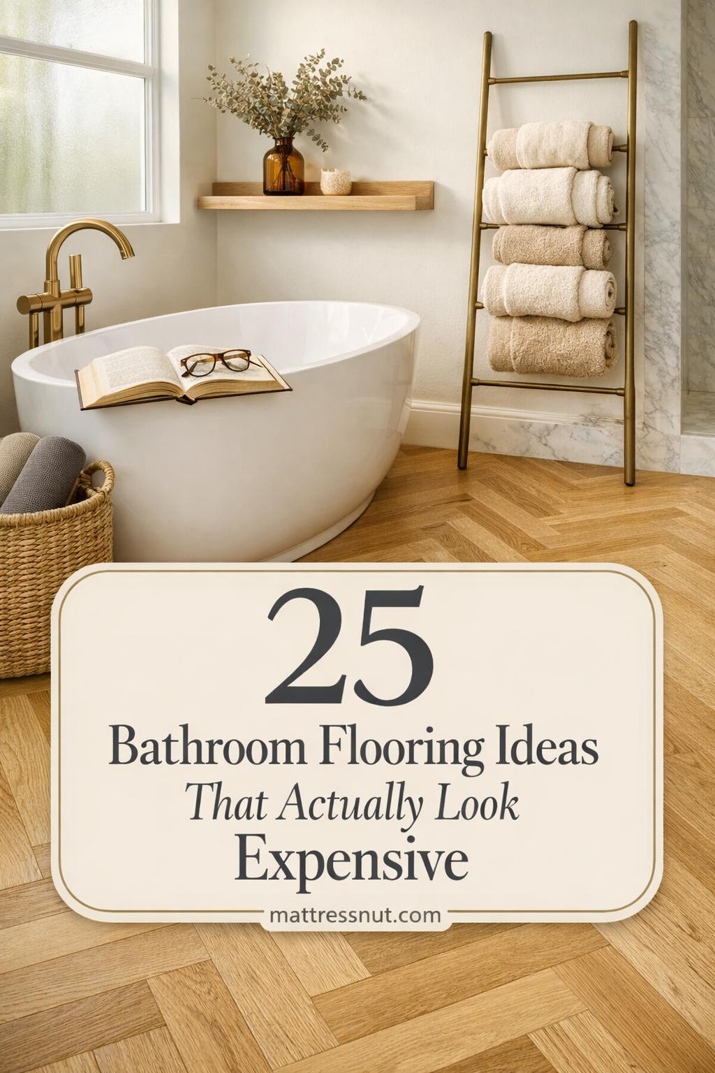 Various bathroom floor materials including marble tiles, wood-look vinyl planks, hexagonal mosaics, and textured stone