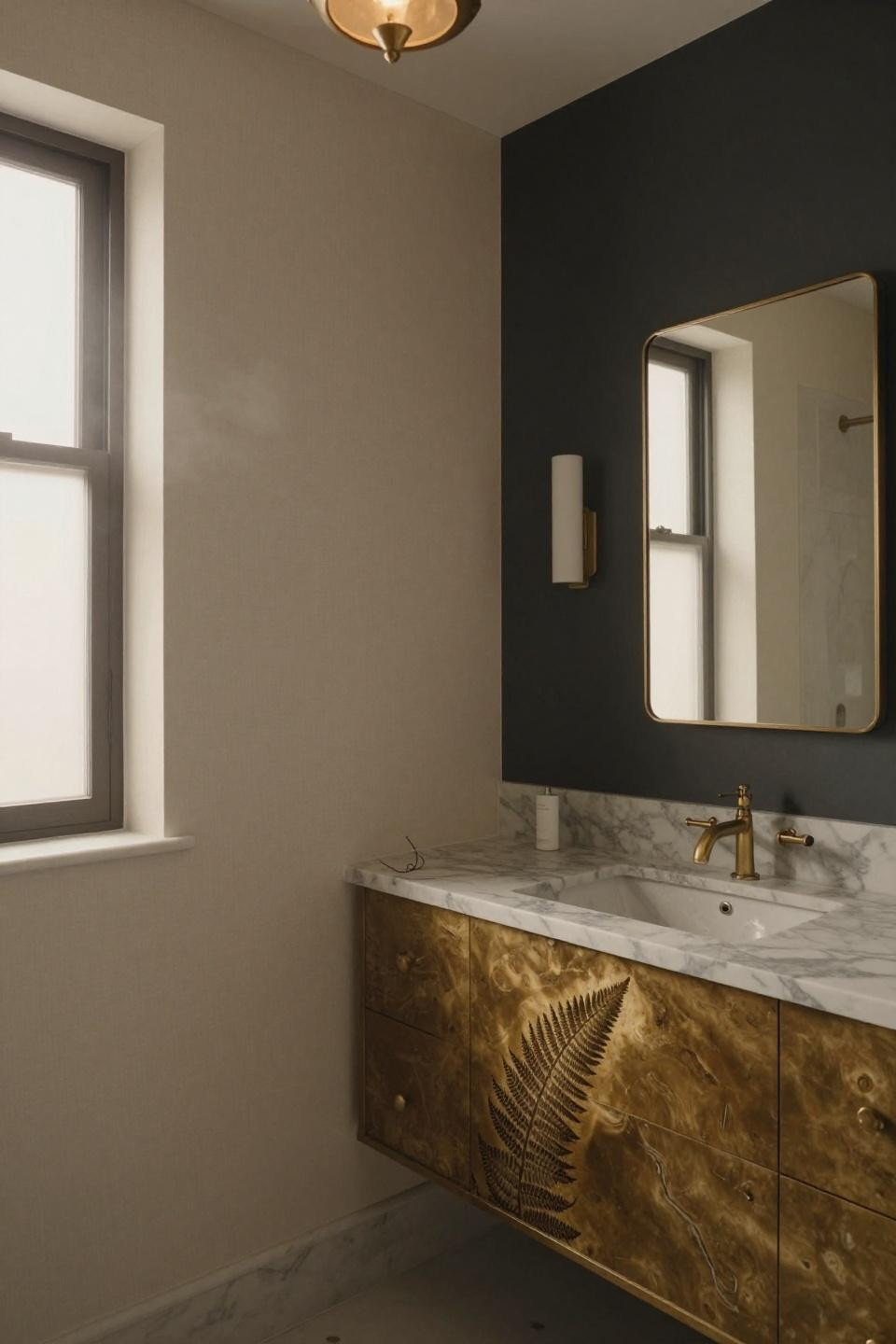 creamy linen bathroom paint colors meeting dramatic charcoal accent wall with unlacquered brass vanity and calacatta marble