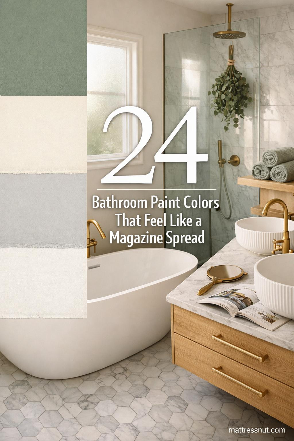 Collage showcasing various bathroom paint colors from soft neutrals to bold jewel tones on modern walls
