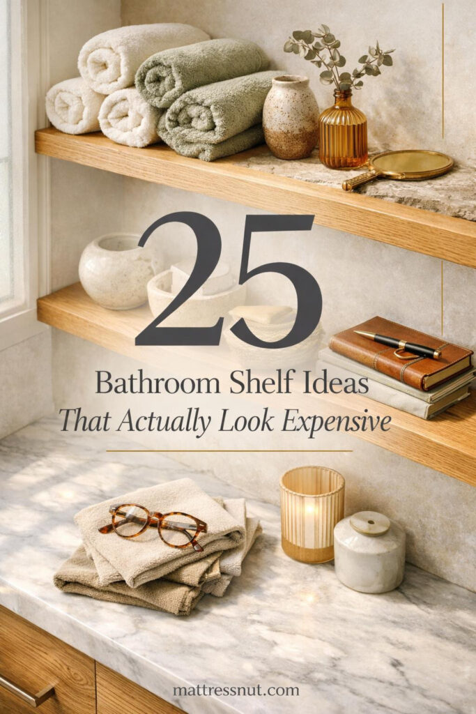 Modern bathroom featuring floating wooden shelves with neatly arranged towels, plants, and decorative containers