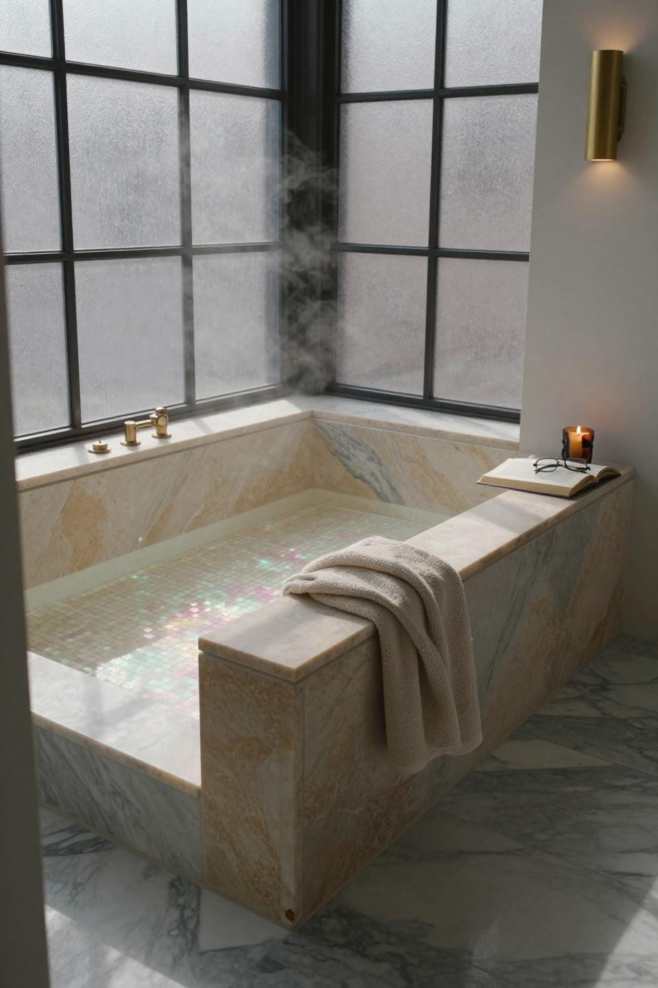 Bathroom Storage - sunken tub with mosaic inlay