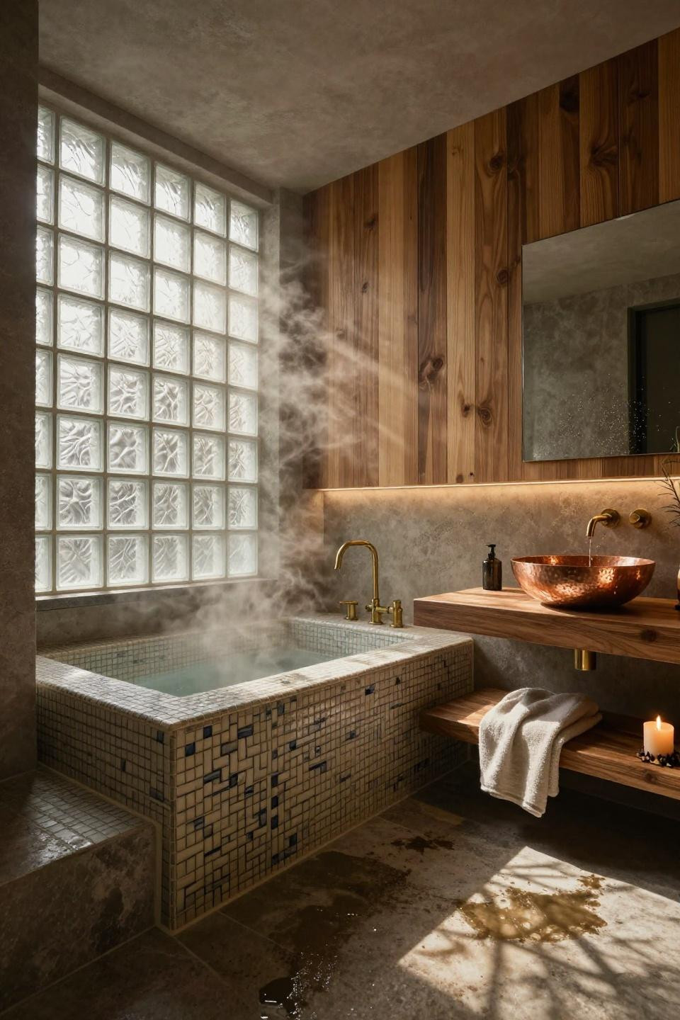 Bathroom Storage - sunken tub with teak slat wall