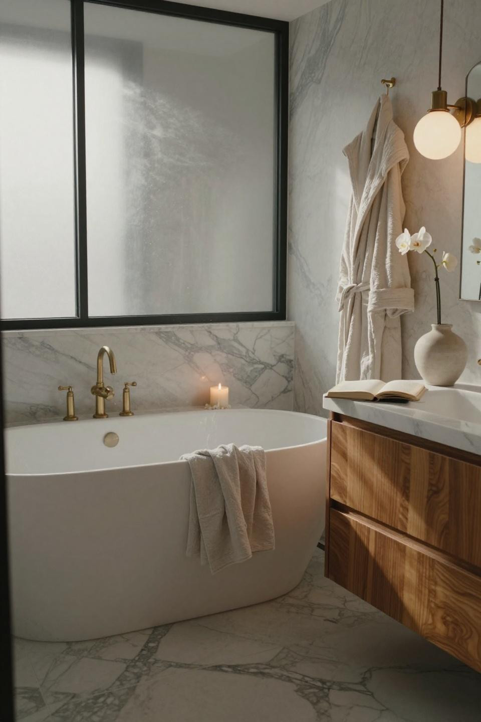 Bathroom Storage - freestanding tub with floating walnut vanity