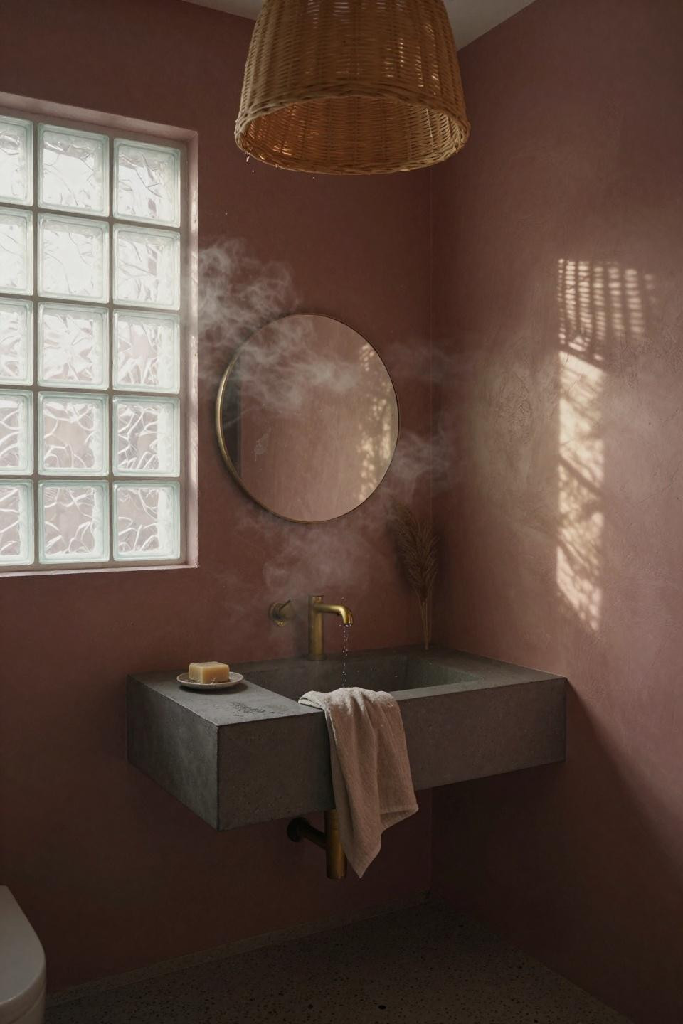 Bathroom Storage - powder room with rose walls and concrete vanity