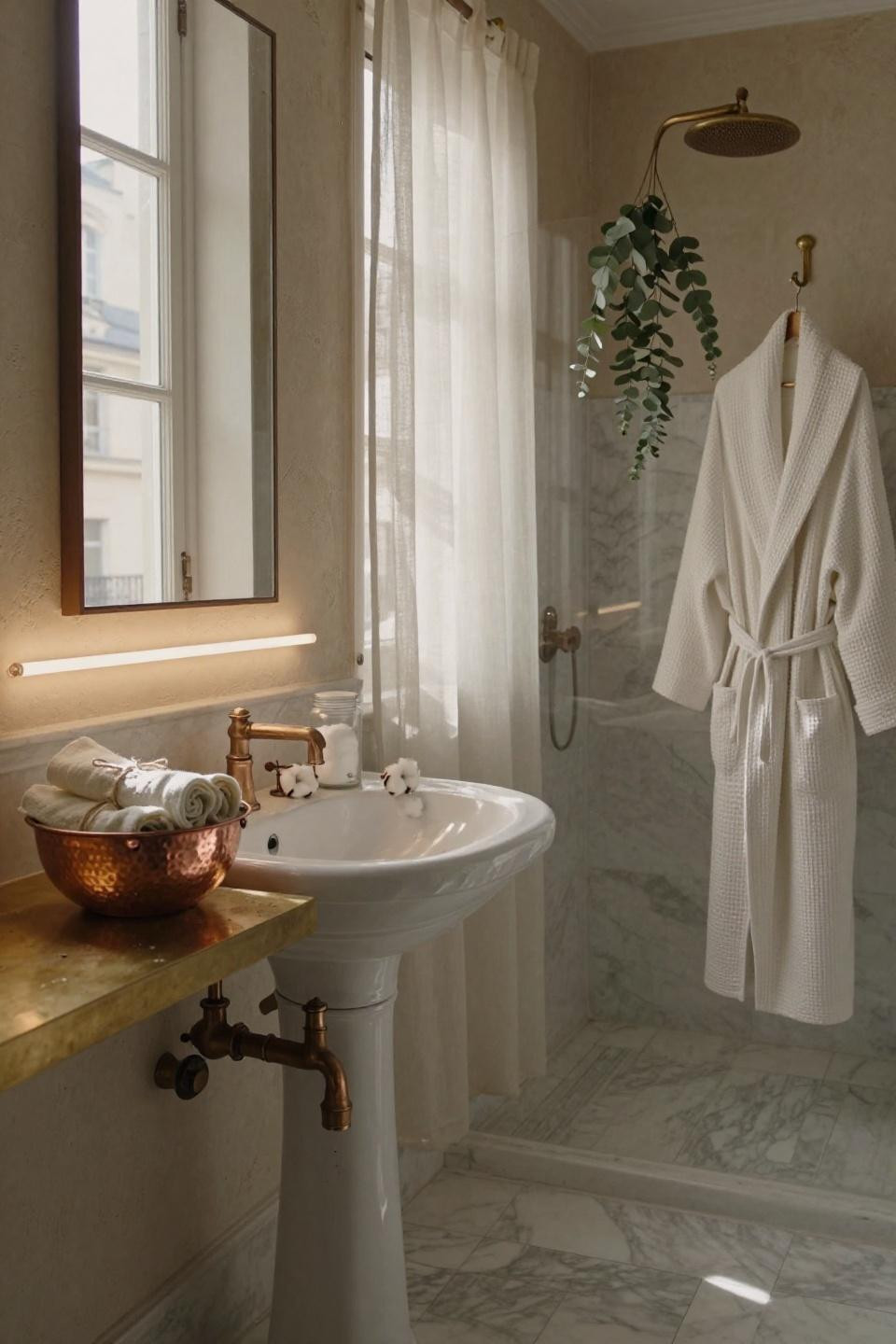 Bathroom Storage - pedestal sink with exposed plumbing and brass vanity