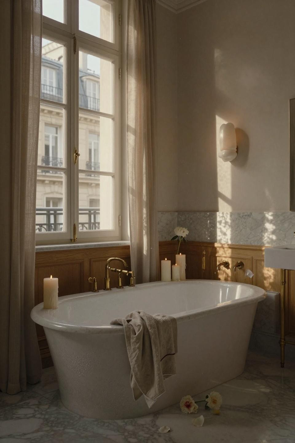 Bathroom Storage - apron-front tub with oak wainscoting