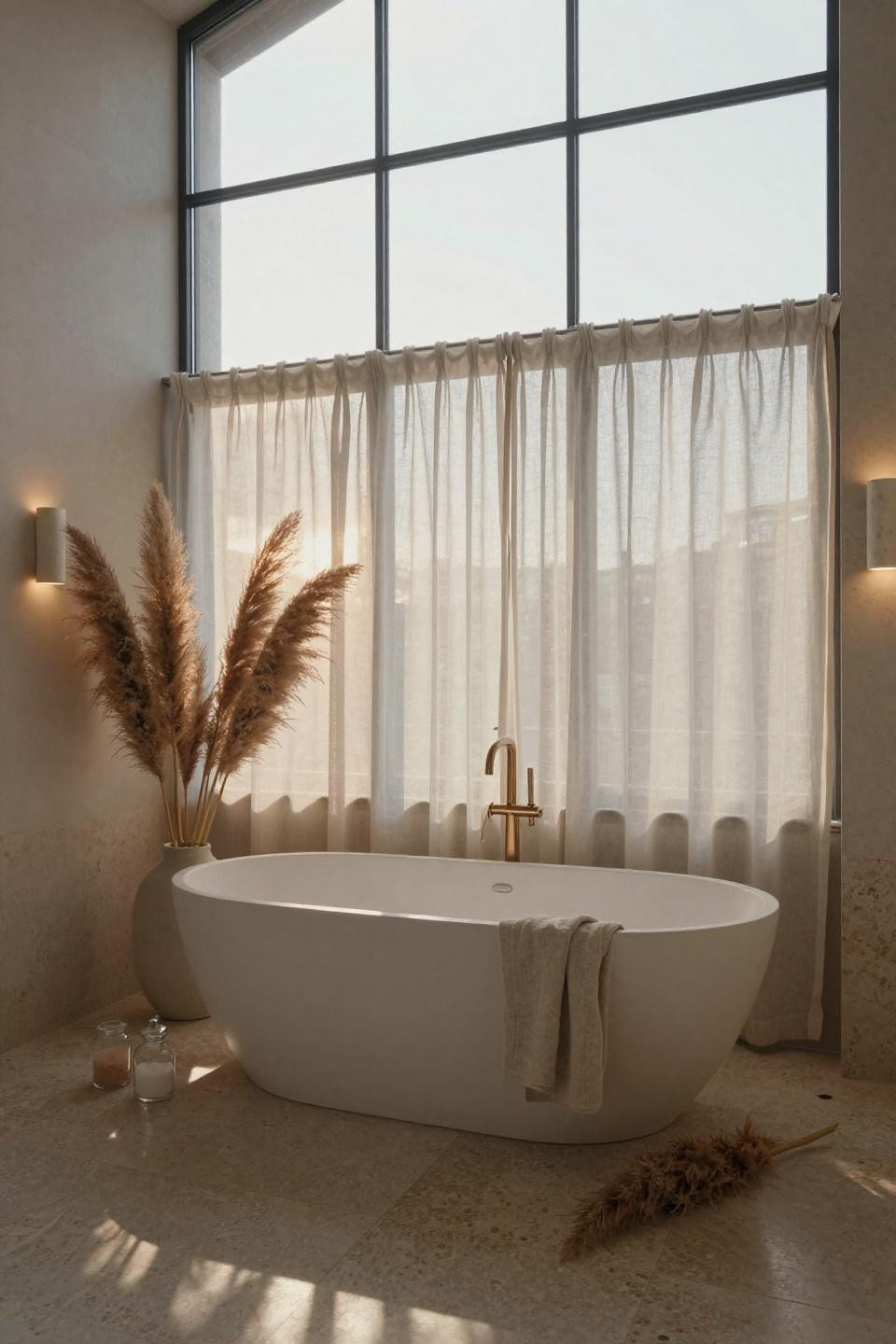 Bathroom Storage - freestanding tub with travertine backdrop