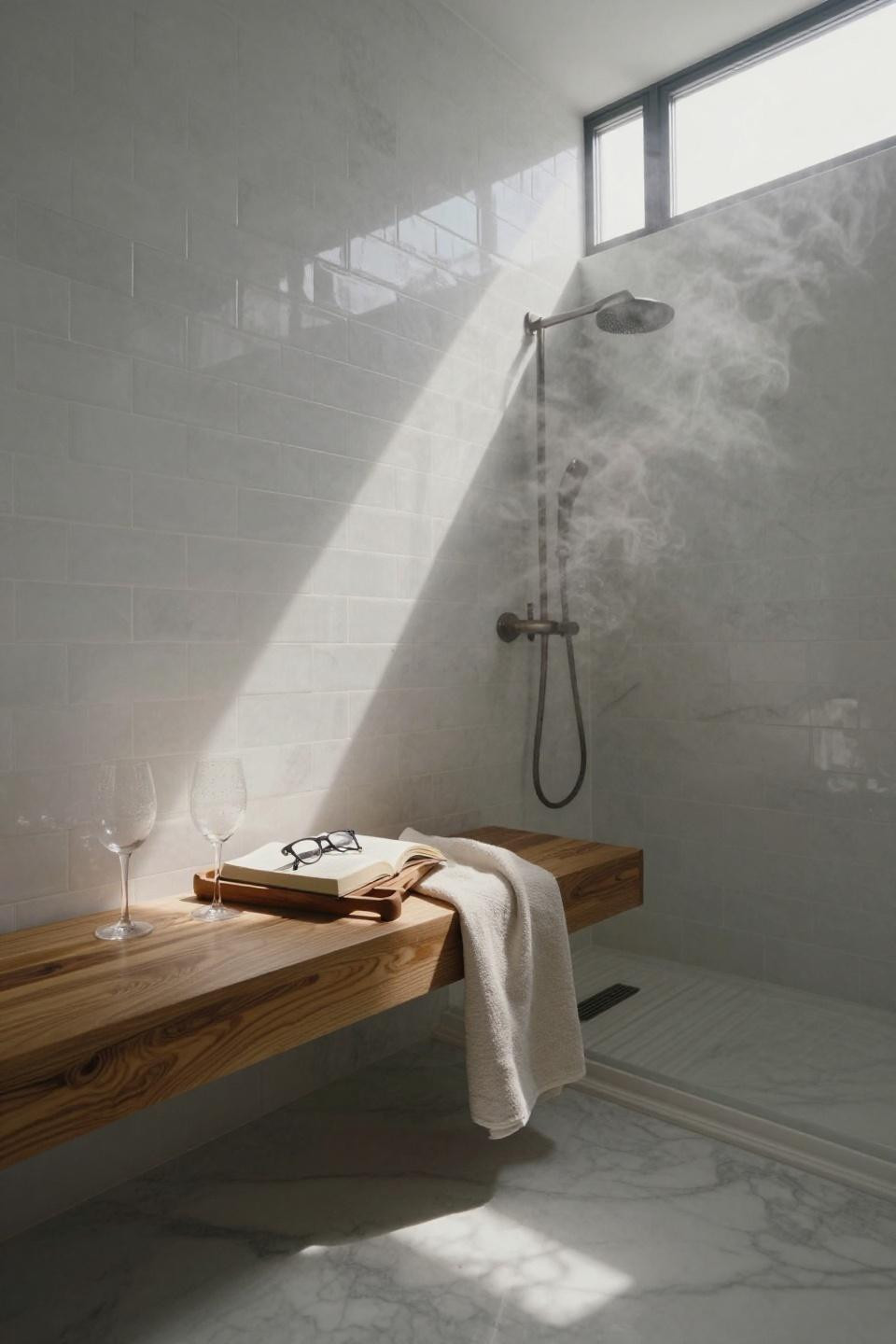 Bathroom Storage - walk-in shower with teak bench and caddy