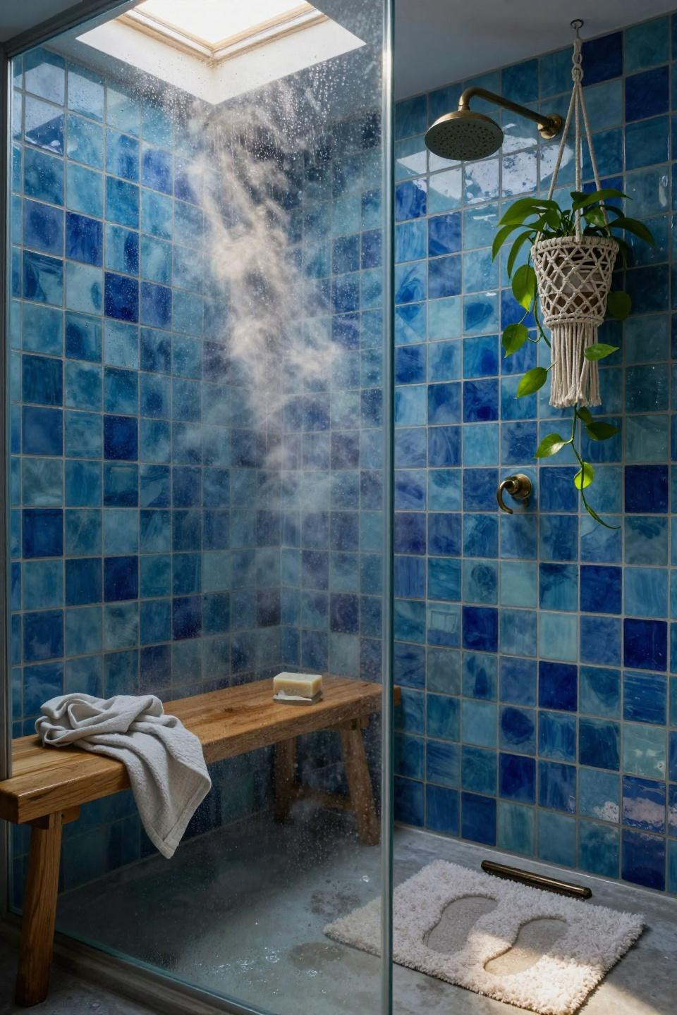 Bathroom Storage - blue tile steam shower with plant