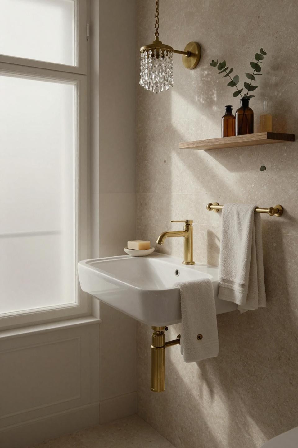 Bathroom Storage - wall-mounted console sink with stone backdrop