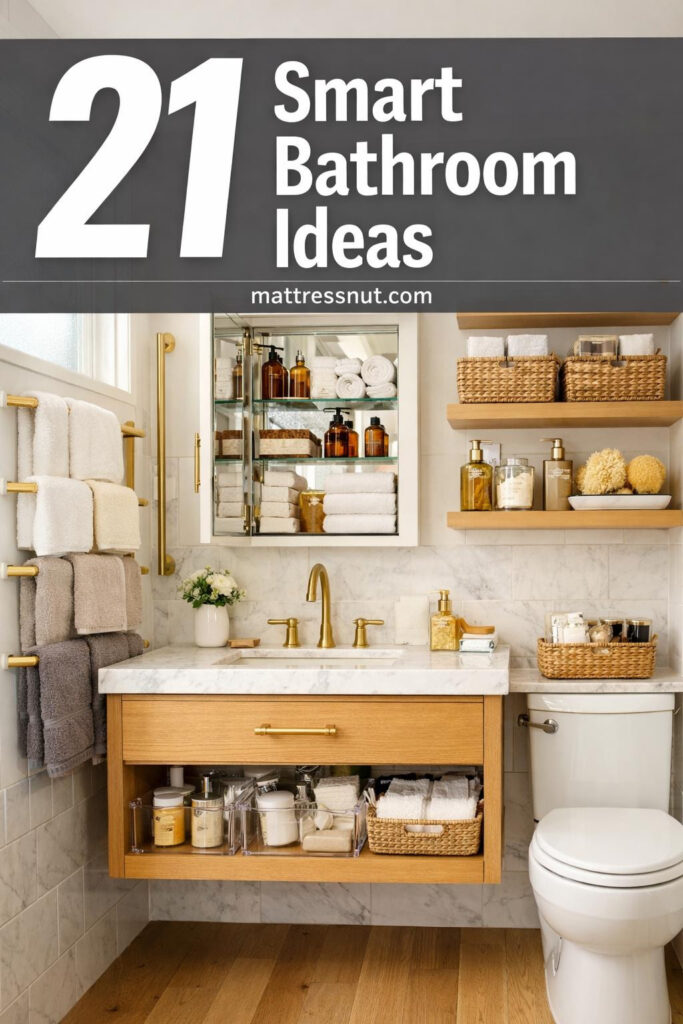 Organized bathroom featuring white floating shelves, woven baskets, glass jars, and towel ladder in bright space