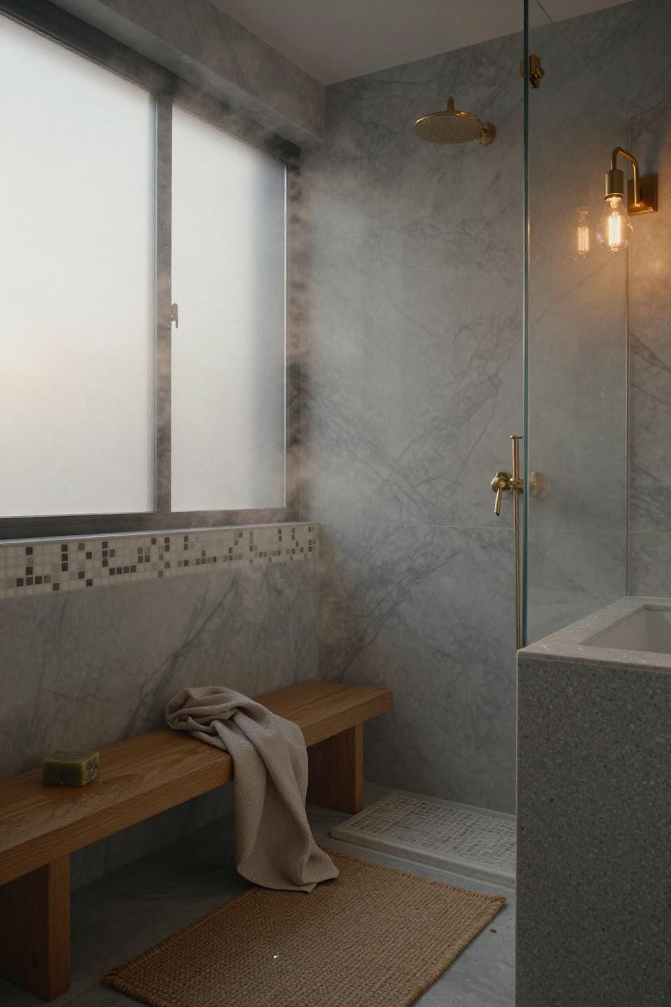 Bathroom Storage - corner shower with teak bench