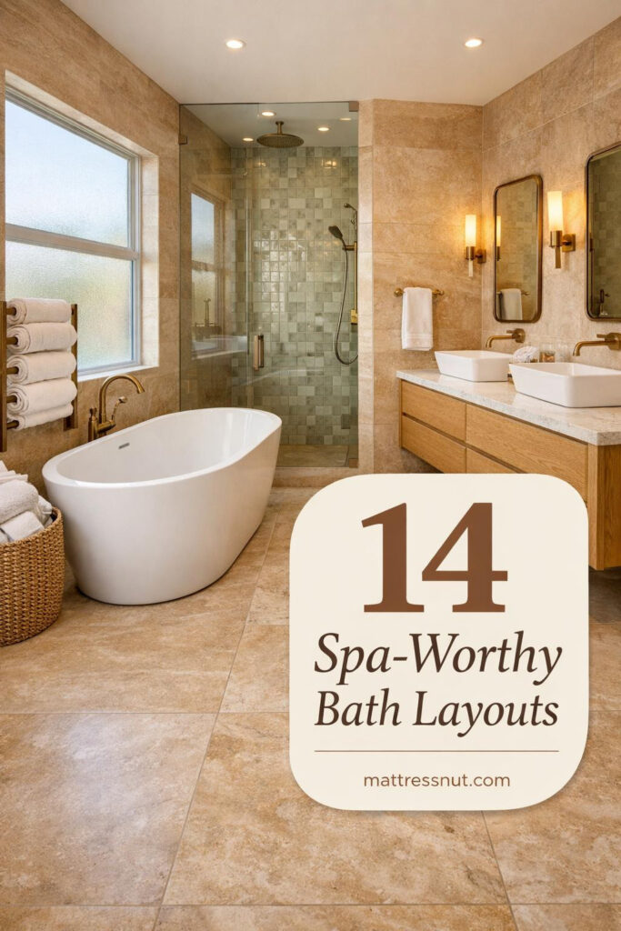 Luxurious master bathroom featuring elegant tile work, modern fixtures, soaking tub, walk-in shower, and calming neutral tones