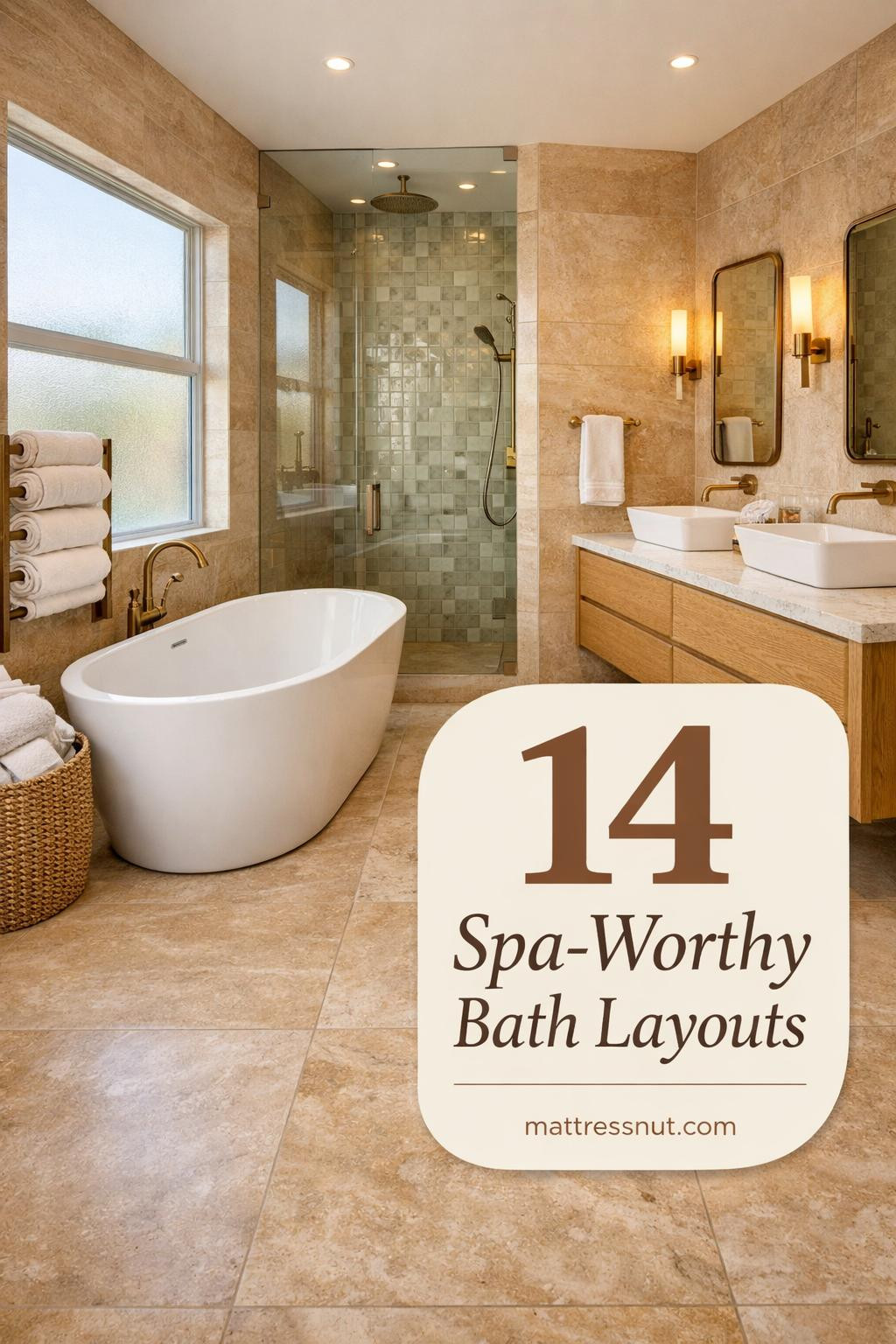 Luxurious master bathroom featuring elegant tile work, modern fixtures, soaking tub, walk-in shower, and calming neutral tones