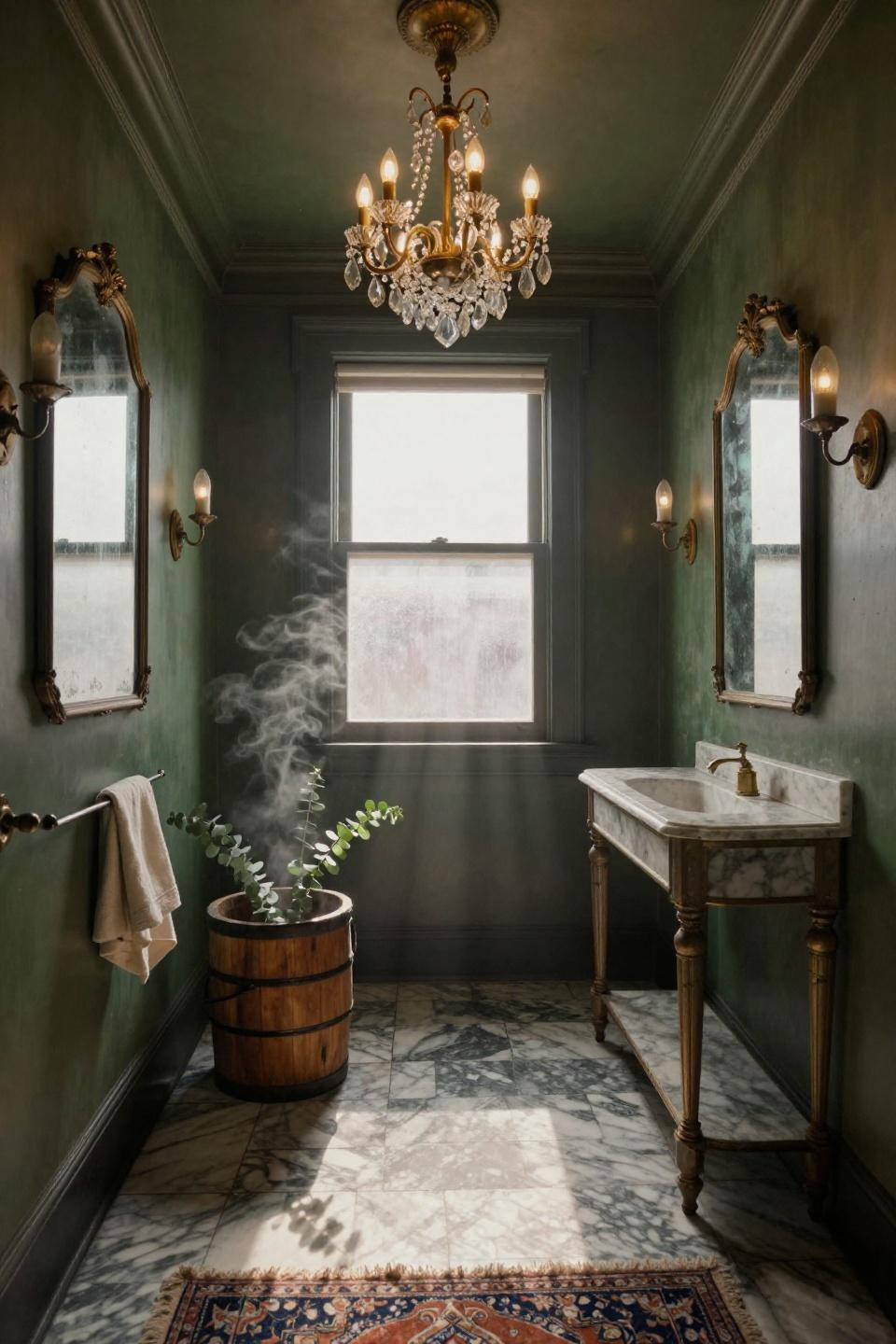 brooklyn brownstone bathroom wall decor with etched venetian mirrors flanking marble console sink