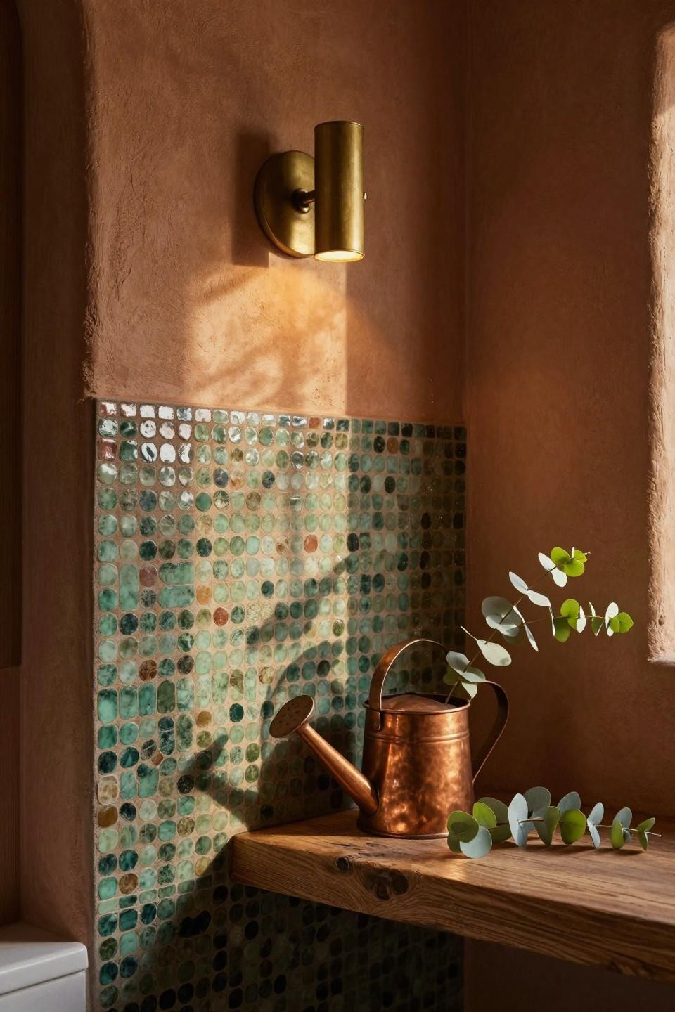 adobe bathroom wall decor closeup showing penny mosaic tiles in aged copper and verdigris green