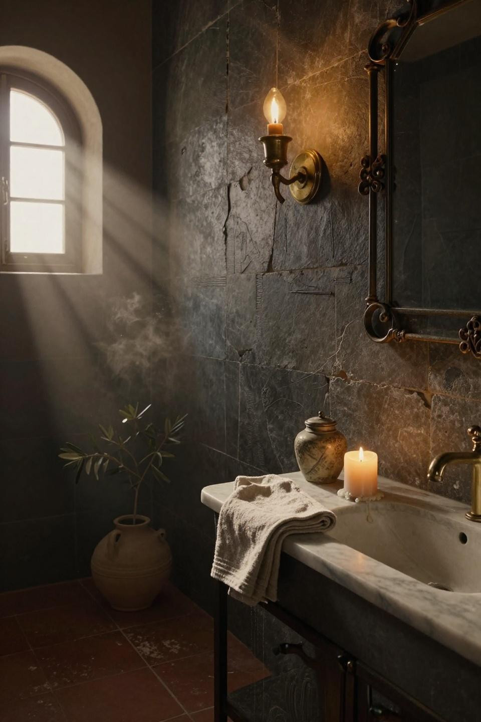 tuscan villa bathroom wall decor with rough slate panels and brass sconce lighting