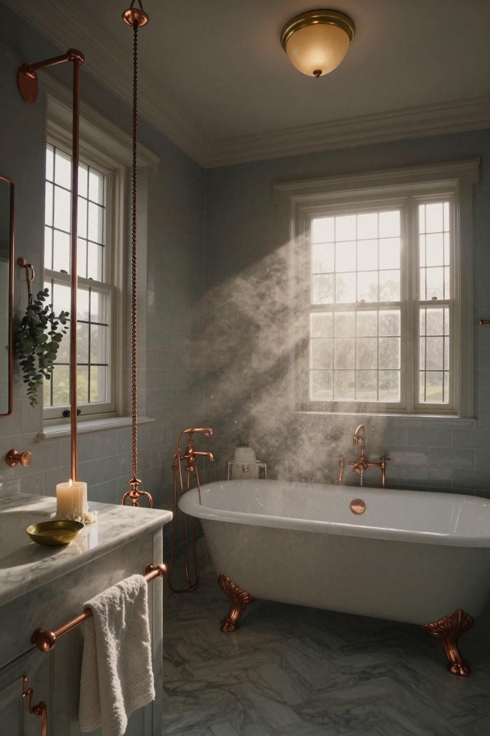 english manor bathroom wall decor featuring unlacquered copper rain chain beside clawfoot tub