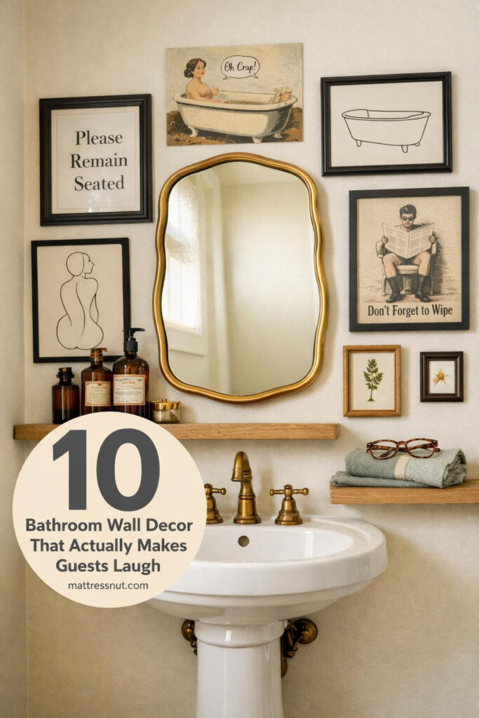 Stylish bathroom featuring framed prints, shelving with plants, and decorative mirrors on white subway tile walls