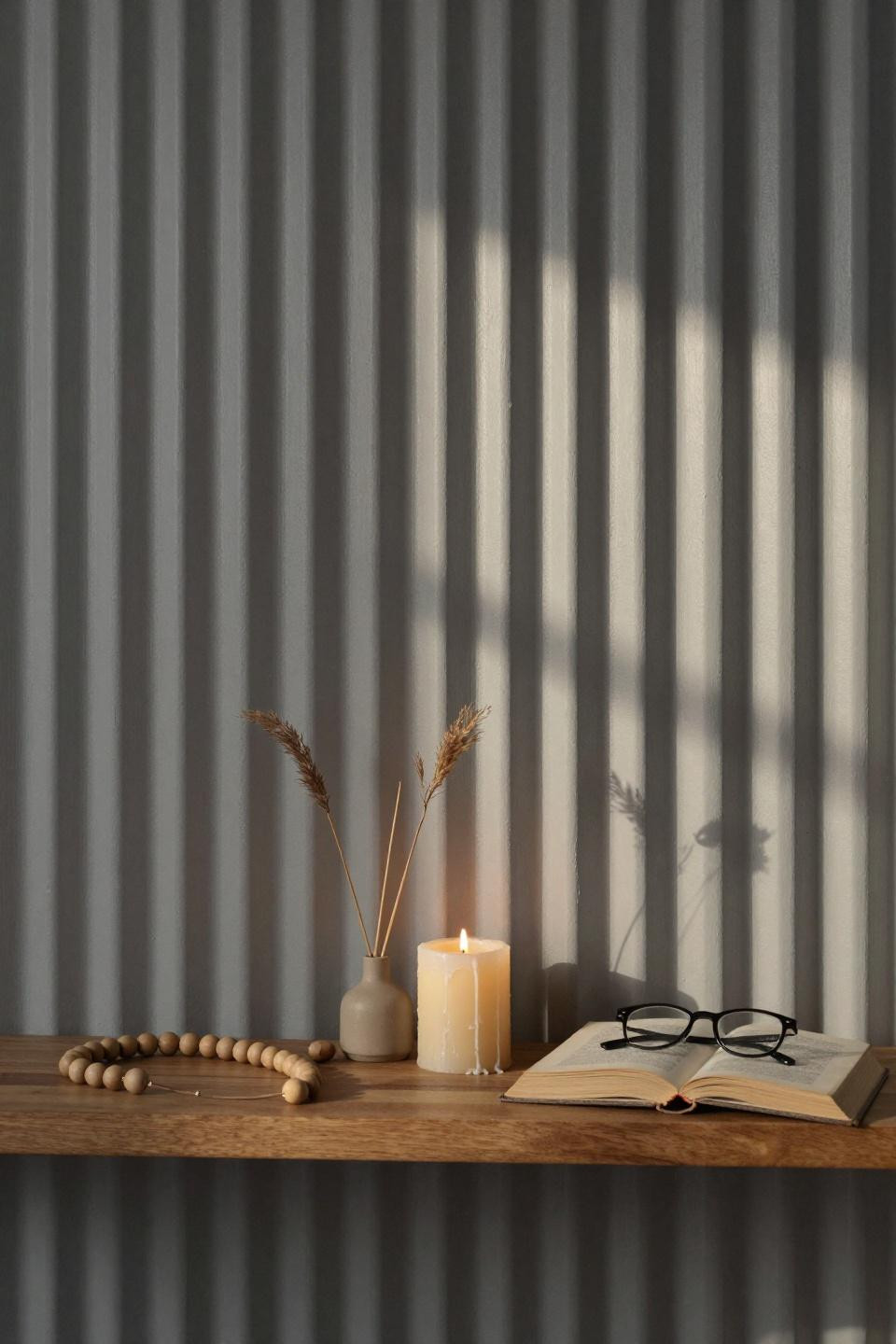 beadboard accent wall in greige with walnut floating shelf and wooden bead garland in copenhagen loft