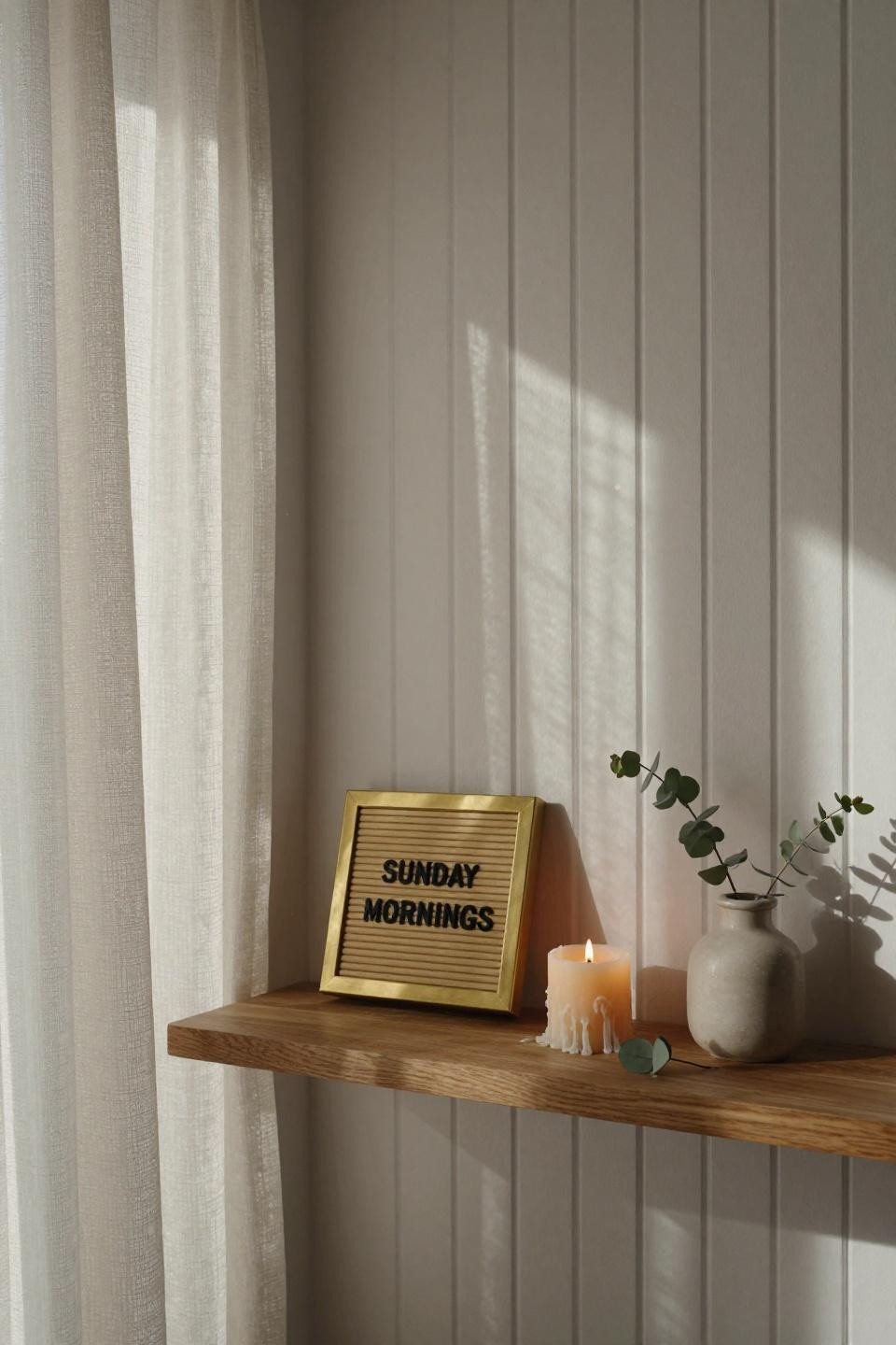 beadboard accent wall in warm white with brass letterboard and beeswax candle on oak shelf copenhagen loft