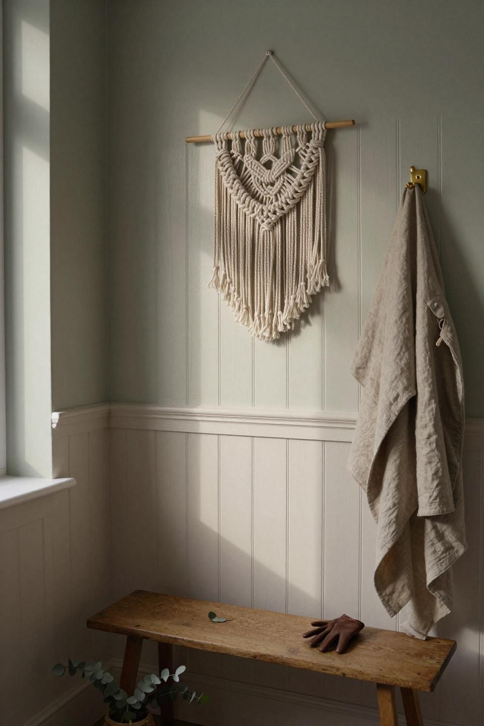 beadboard half wall in warm off-white with handwoven macrame and brass hook in copenhagen entryway