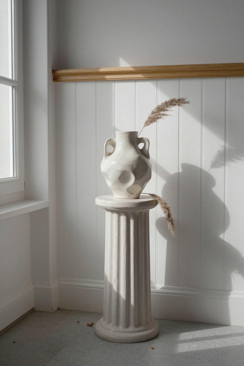 white beadboard half wall paneling with ceramic sculpture on fluted pedestal in copenhagen entry hall