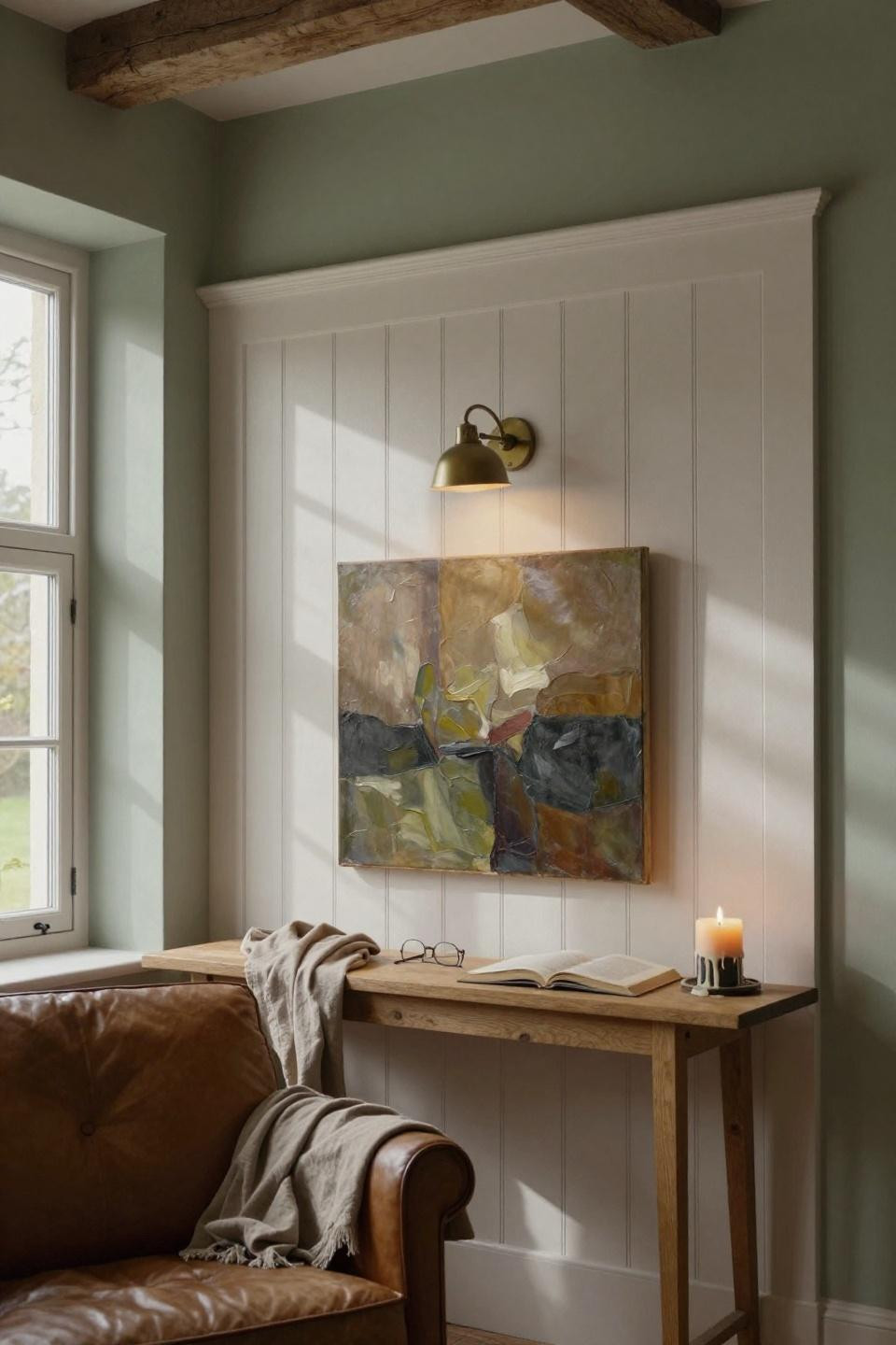 beadboard half wall in white with sage green upper walls and cognac leather chair in cotswolds cottage