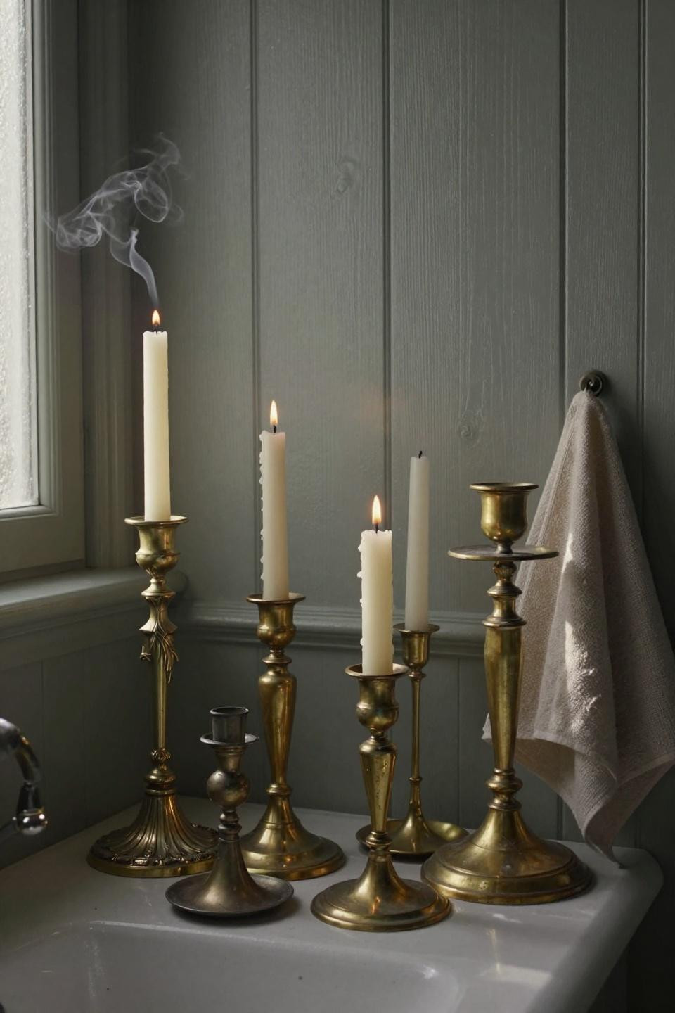 bathroom beadboard ideas with antique brass candlesticks on painted greige half wall in belgian townhouse