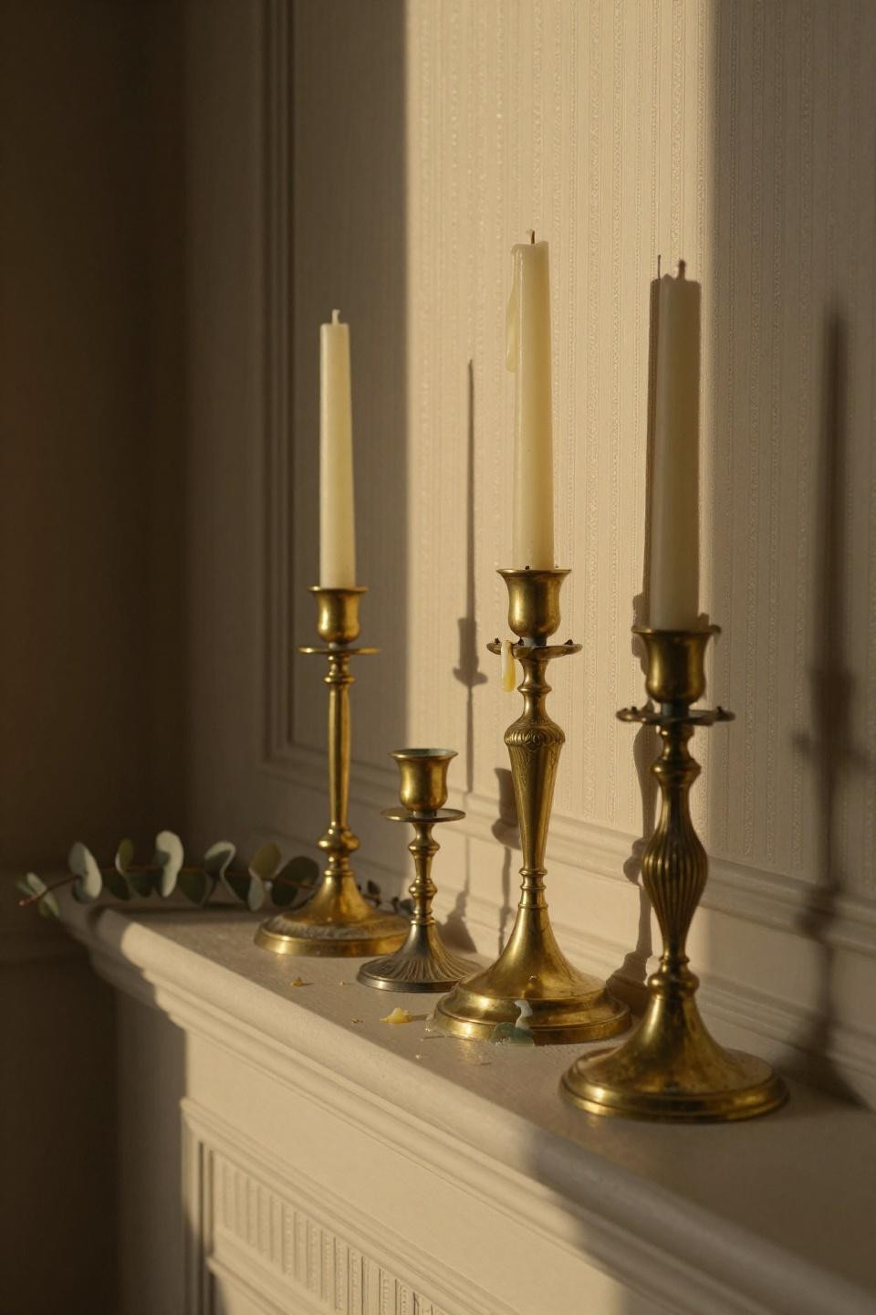 beadboard wallpaper with antique brass candlesticks and verdigris patina in parisian apartment golden hour