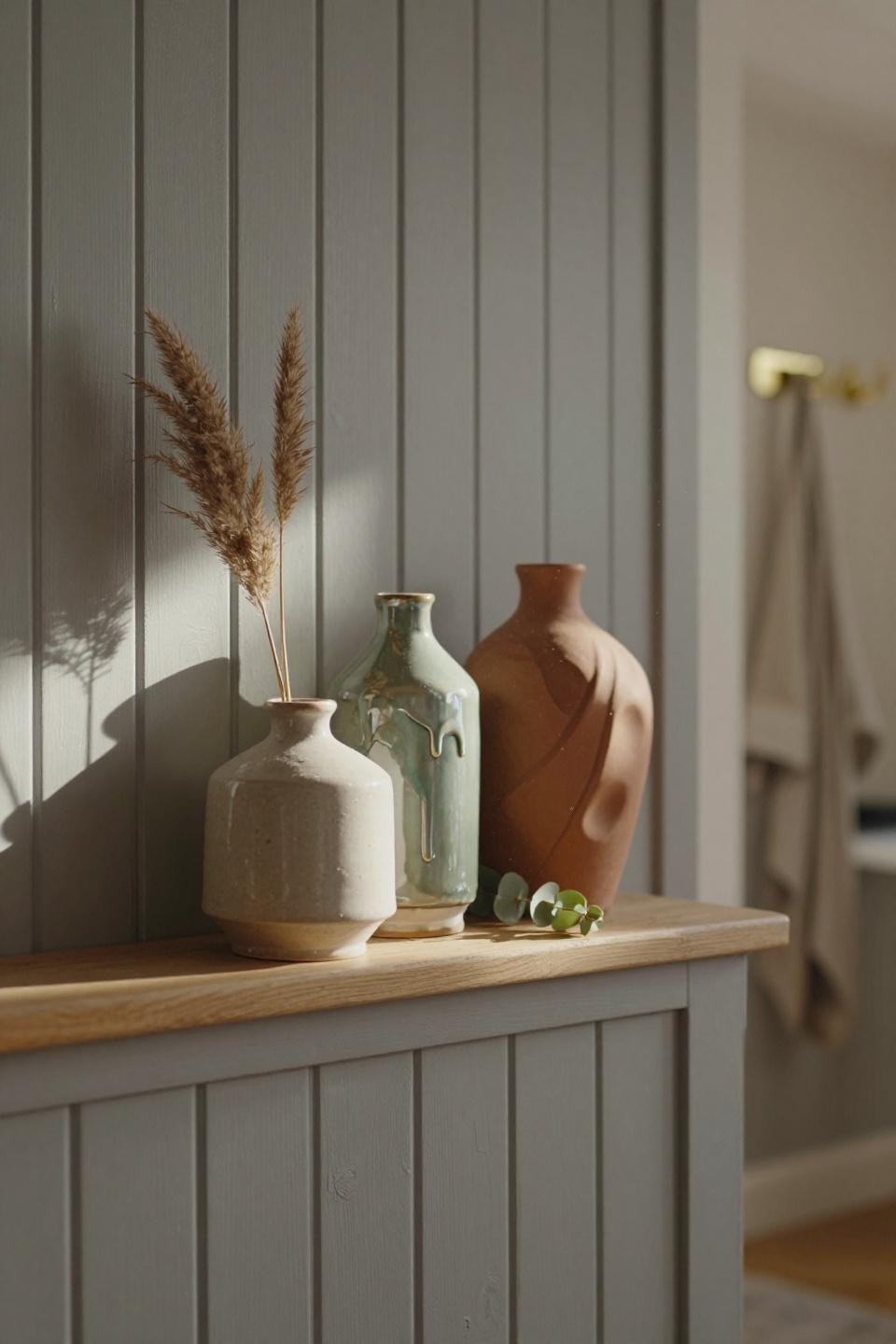 dove gray beadboard half wall with ceramic vases and dried pampas in copenhagen entryway with morning light