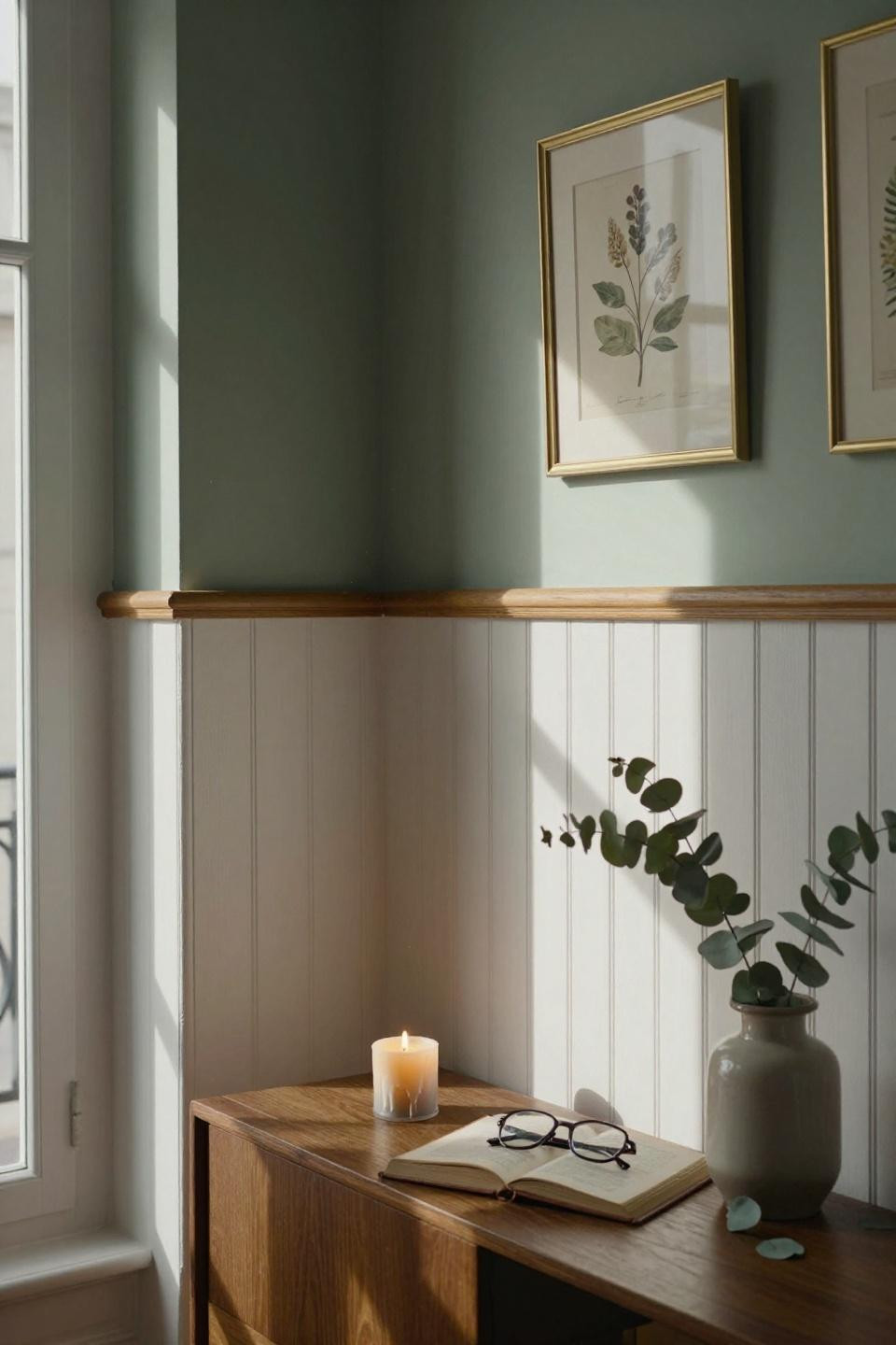beadboard half wall in white with sage green plaster walls and walnut credenza in parisian apartment