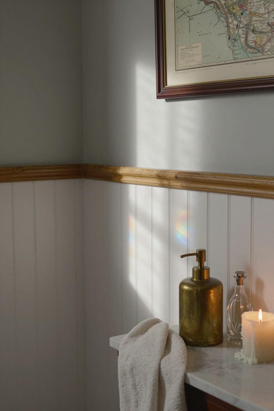 bathroom beadboard ideas with greige wainscoting and walnut framed print in parisian apartment powder room