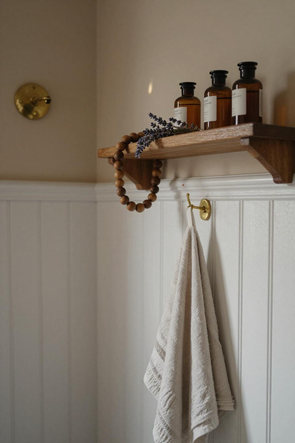 beadboard paneling in white with honey oak shelf and brass sconce in parisian haussmann powder room