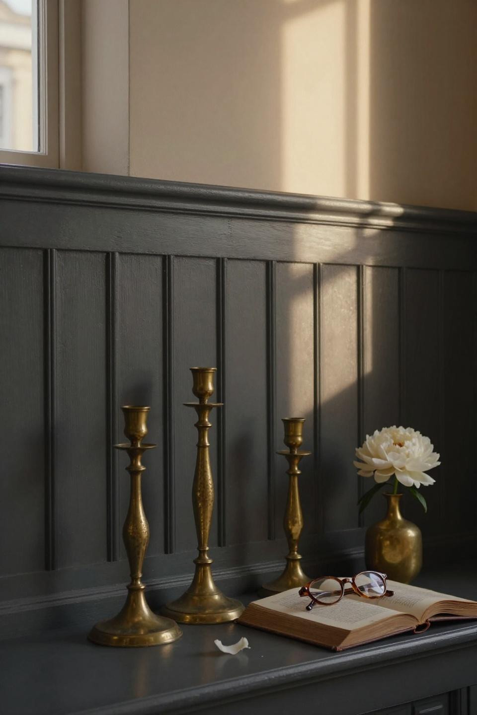 modern beadboard wainscoting in charcoal gray with antique brass candlesticks in london georgian townhouse library