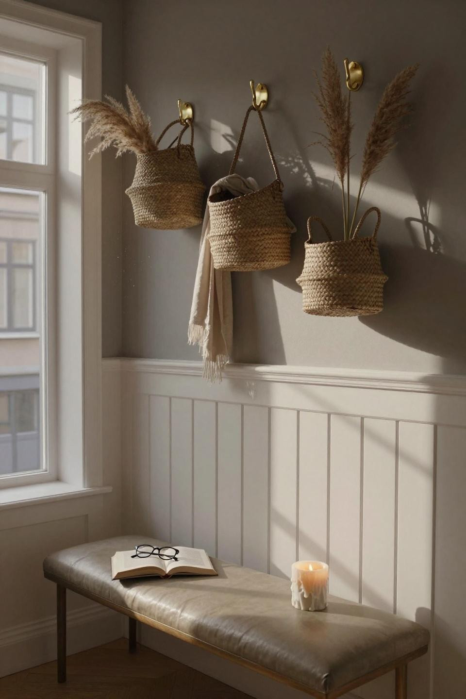 wainscoting ideas with seagrass baskets on white beadboard and brass hooks in scandinavian entryway