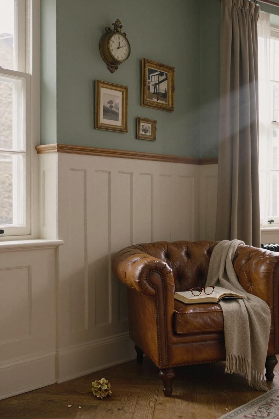 wainscoting ideas with ivory beadboard and gallery wall of gilded frames in london notting hill townhouse