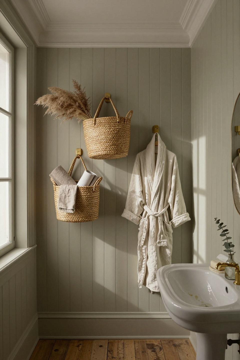 painted beadboard walls in sage green with french market baskets and linen bathrobe in parisian bathroom